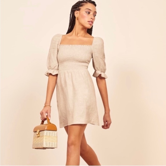 Reformation Cerise Linen Smocked Puff Sleeve Mini Dress in Sand Size Small - Picture 13 of 13
